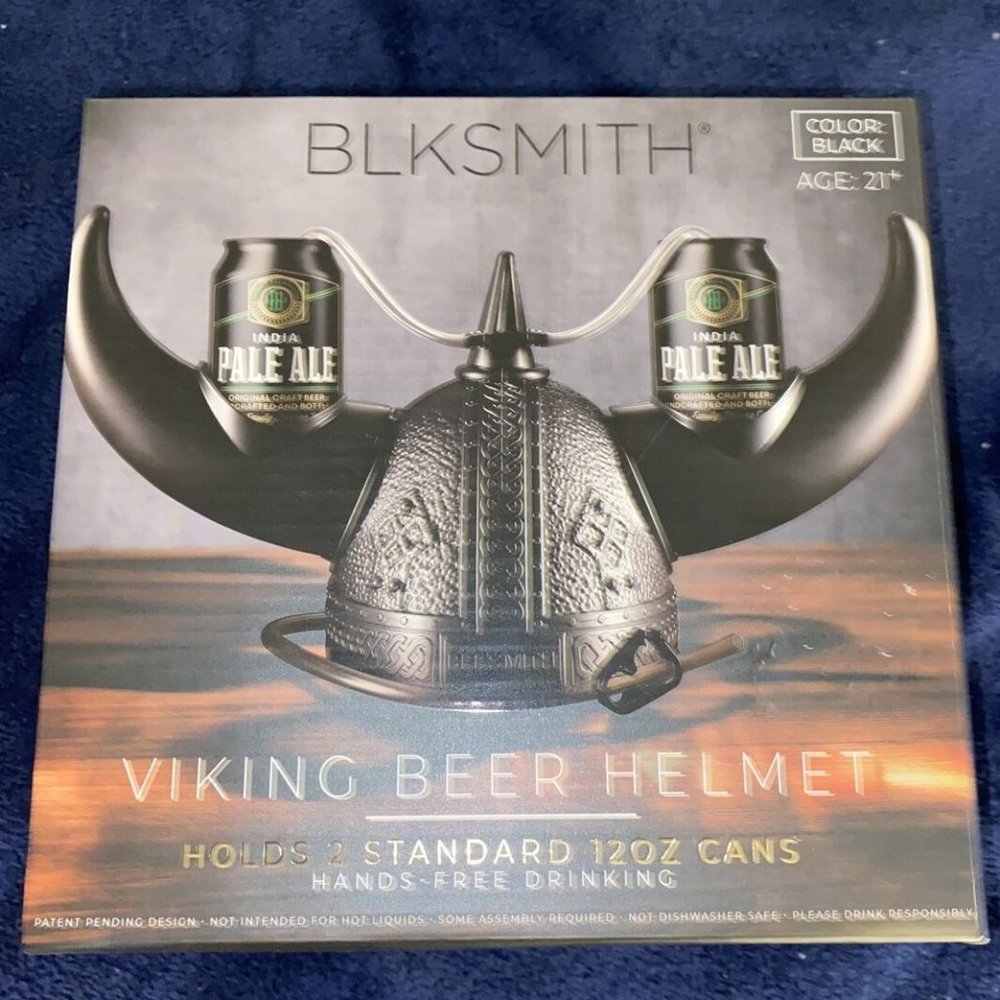 Viking Beer Helmet Black Holds 2/12 Oz Cans Hands Free Drinking Party, Sports